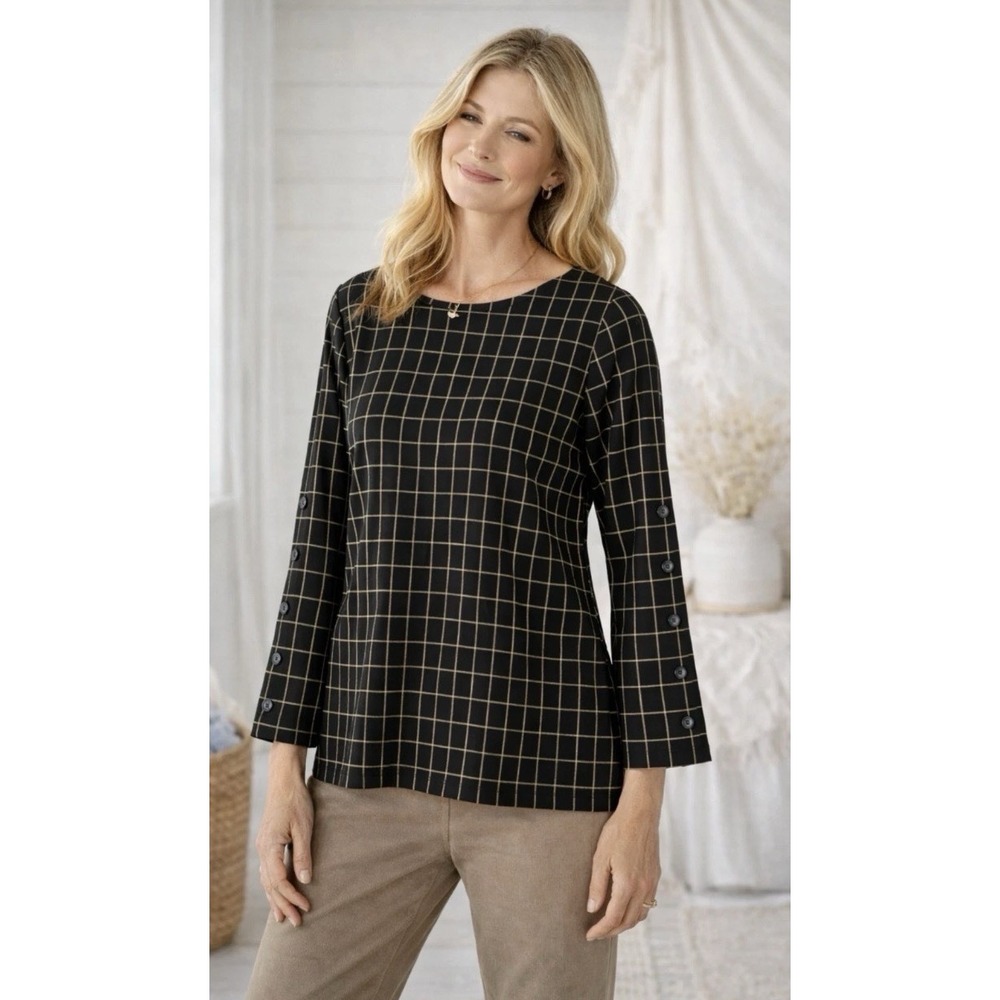 J. Jill Ponte Tunic Blouse Black Medium Windowpane Plaid Button Sleeves NWT